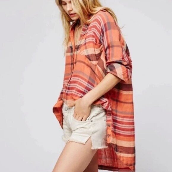 Free People Year Round Buttondown Shirt XS Orange Plaid Oversized Fall Fashion - Picture 14 of 14